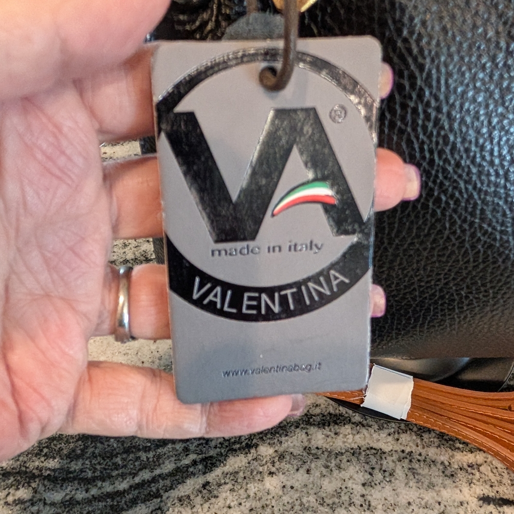 Valentina Black Leather Shoulder Bag with Tan Straps - Picture 3 of 9